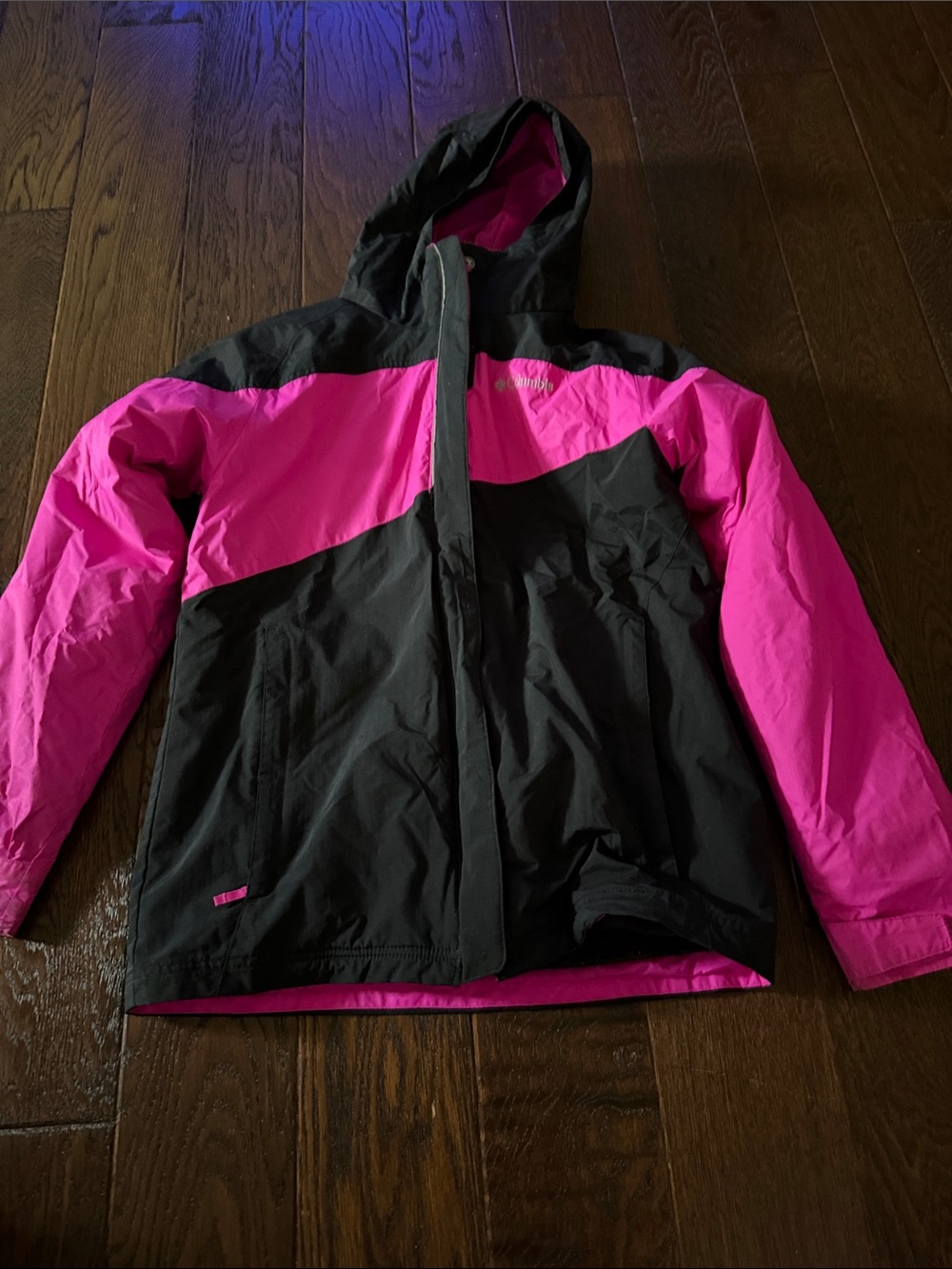 Kids Hooded Waterproof Raincoat in Black and Bright Pink